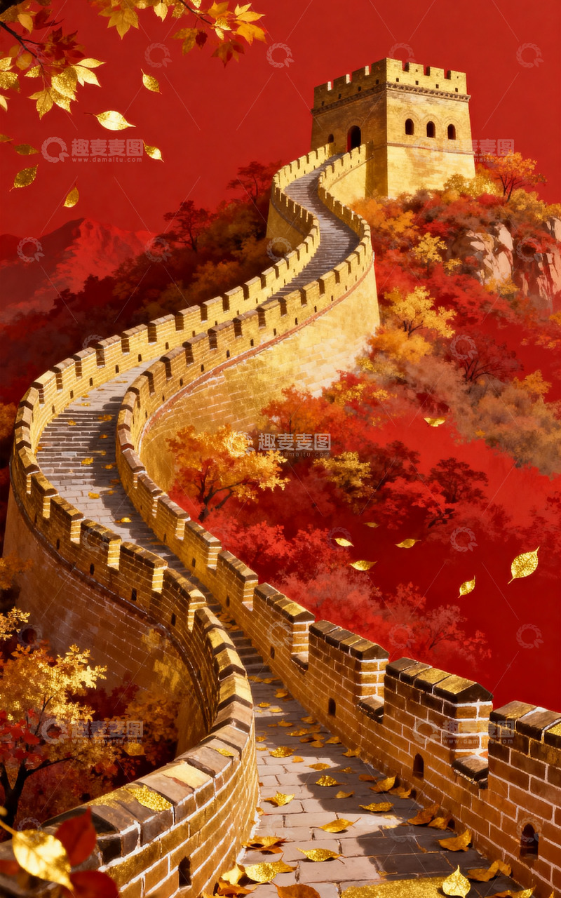 高清大图下载【趣麦麦图】国庆金色长城金秋红色海报背景