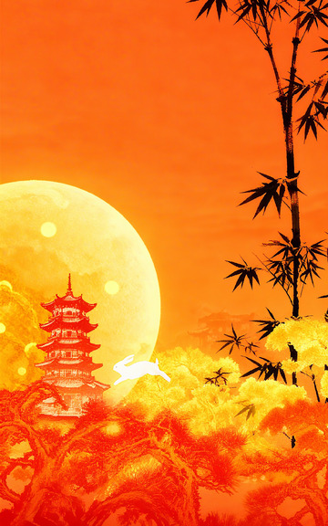 月夜宝塔白兔中秋图