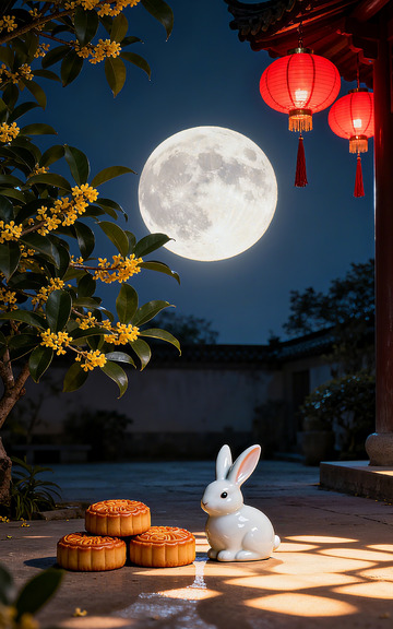 中秋庭院月夜团圆场景图