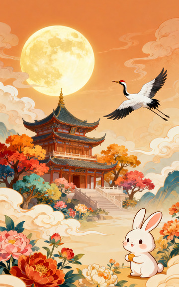 满月古楼仙鹤玉兔中秋背景