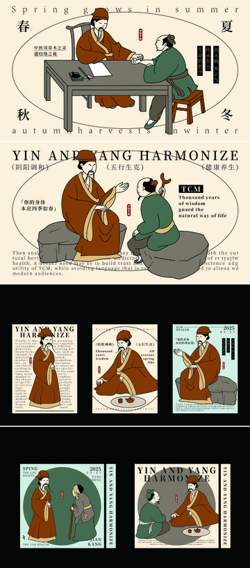 中医问诊手绘人物插画海报设计