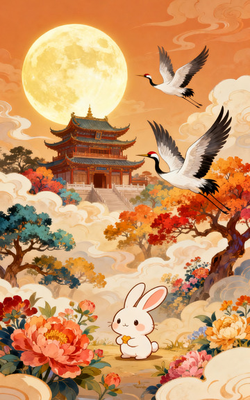 满月古楼仙鹤玉兔中秋图