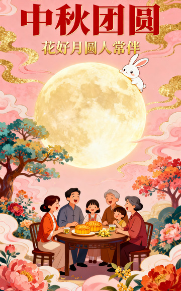满月古楼仙鹤玉兔中秋海报
