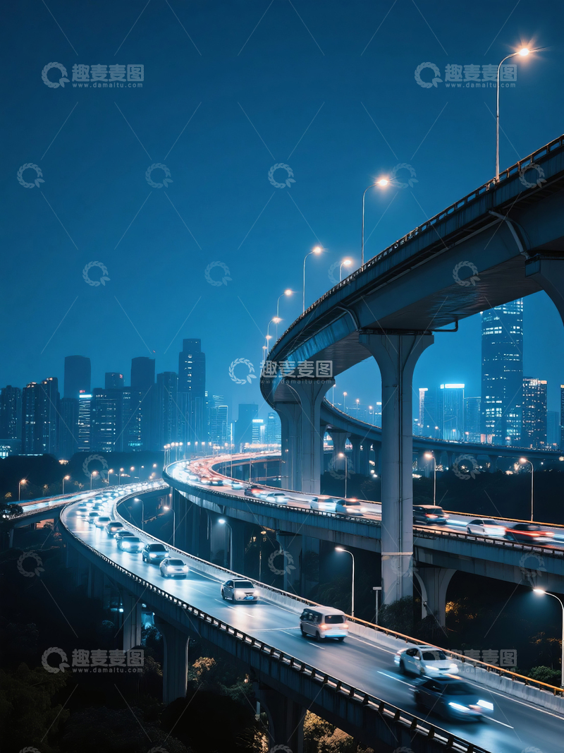 高清大图下载【趣麦麦图】夜晚城市高架桥车流交通