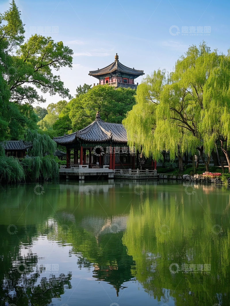 高清大图下载【趣麦麦图】古典园林湖边亭台风景