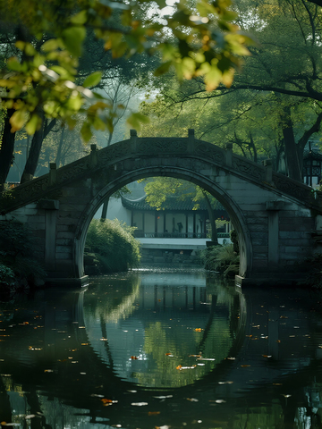 拱桥倒影湖面绿树环绕