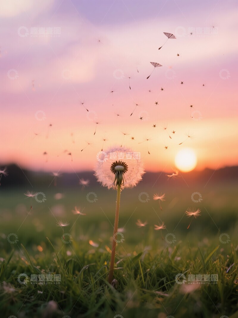 高清大图下载【趣麦麦图】夕阳黄昏下蒲公英种子飘散