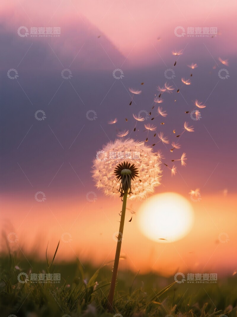 高清大图下载【趣麦麦图】夕阳黄昏下的蒲公英随风飘散