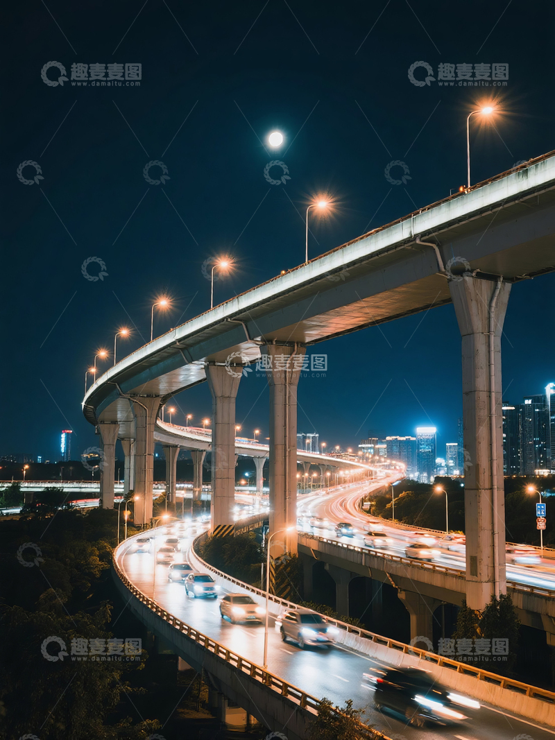 高清大图下载【趣麦麦图】夜间城市高架桥车流交通
