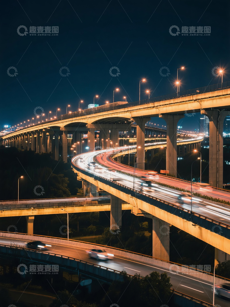 高清大图下载【趣麦麦图】夜晚城市高架桥车流交通景象