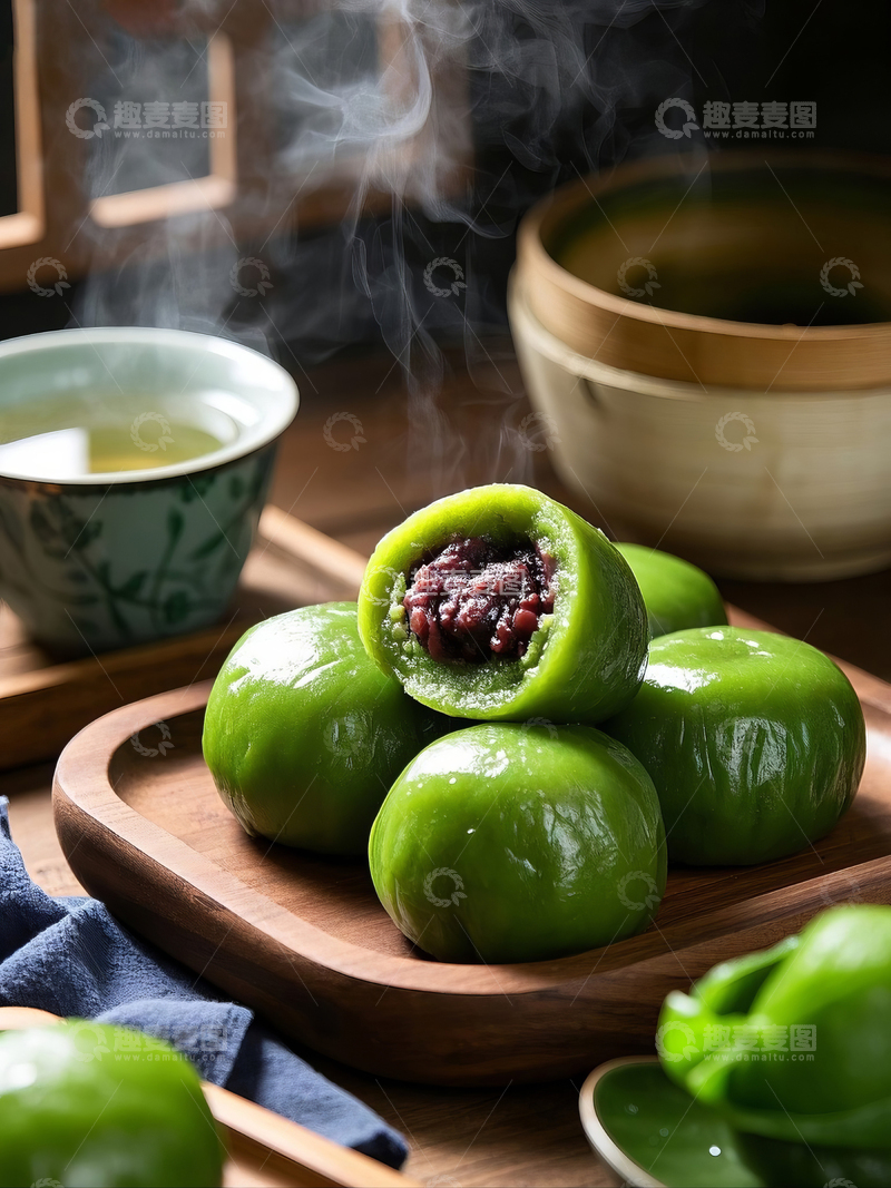高清大图下载【趣麦麦图】青团配茶热气腾腾