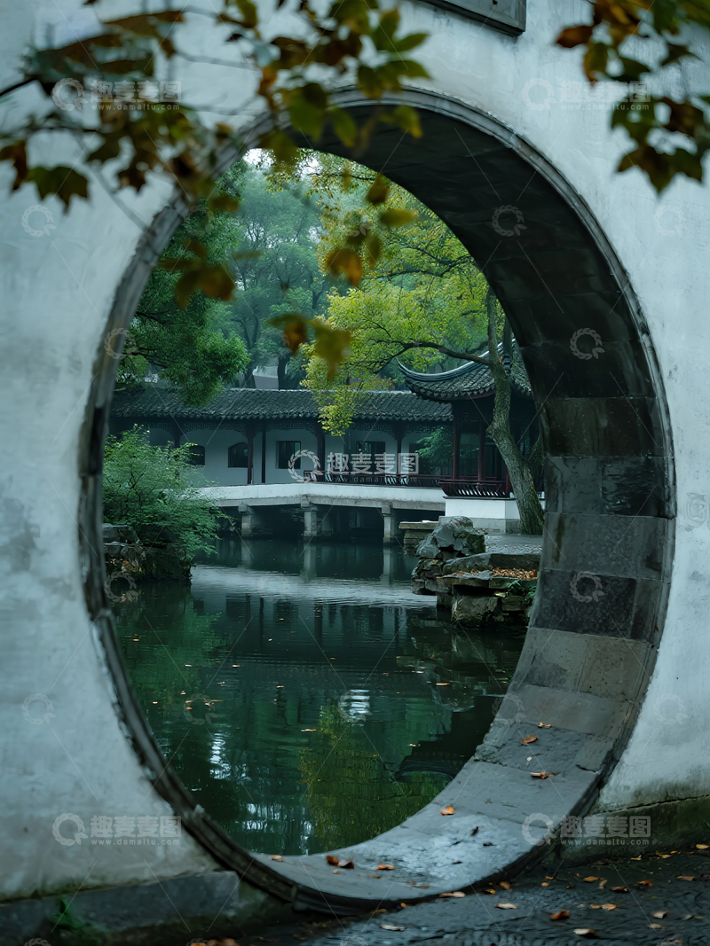 高清大图下载【趣麦麦图】拱桥与江南古建筑绿树环绕