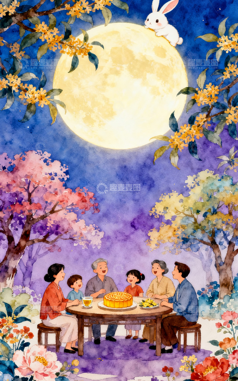 中秋月夜家庭团圆场景