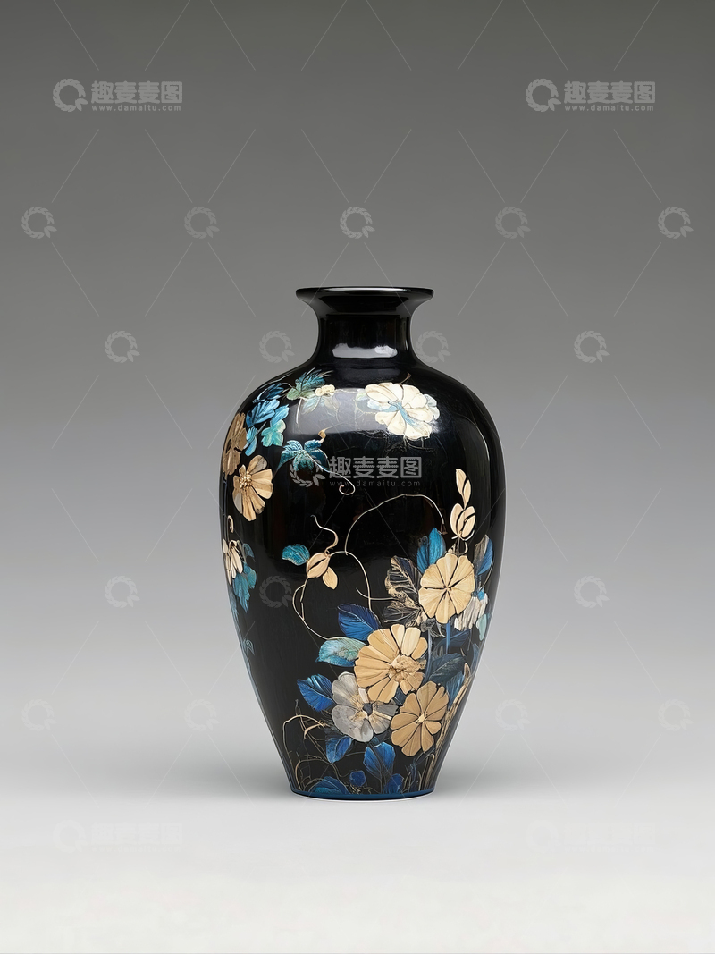 高清大图下载【趣麦麦图】黑底彩绘花卉瓷瓶