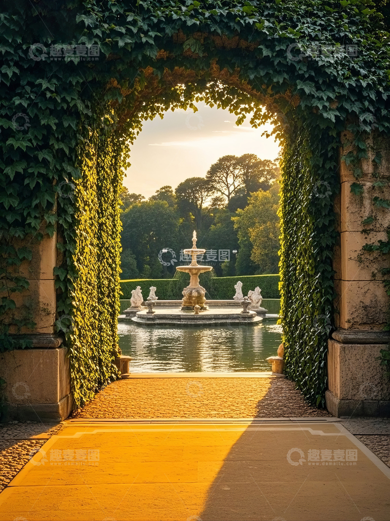高清大图下载【趣麦麦图】藤蔓拱门下的喷泉花园