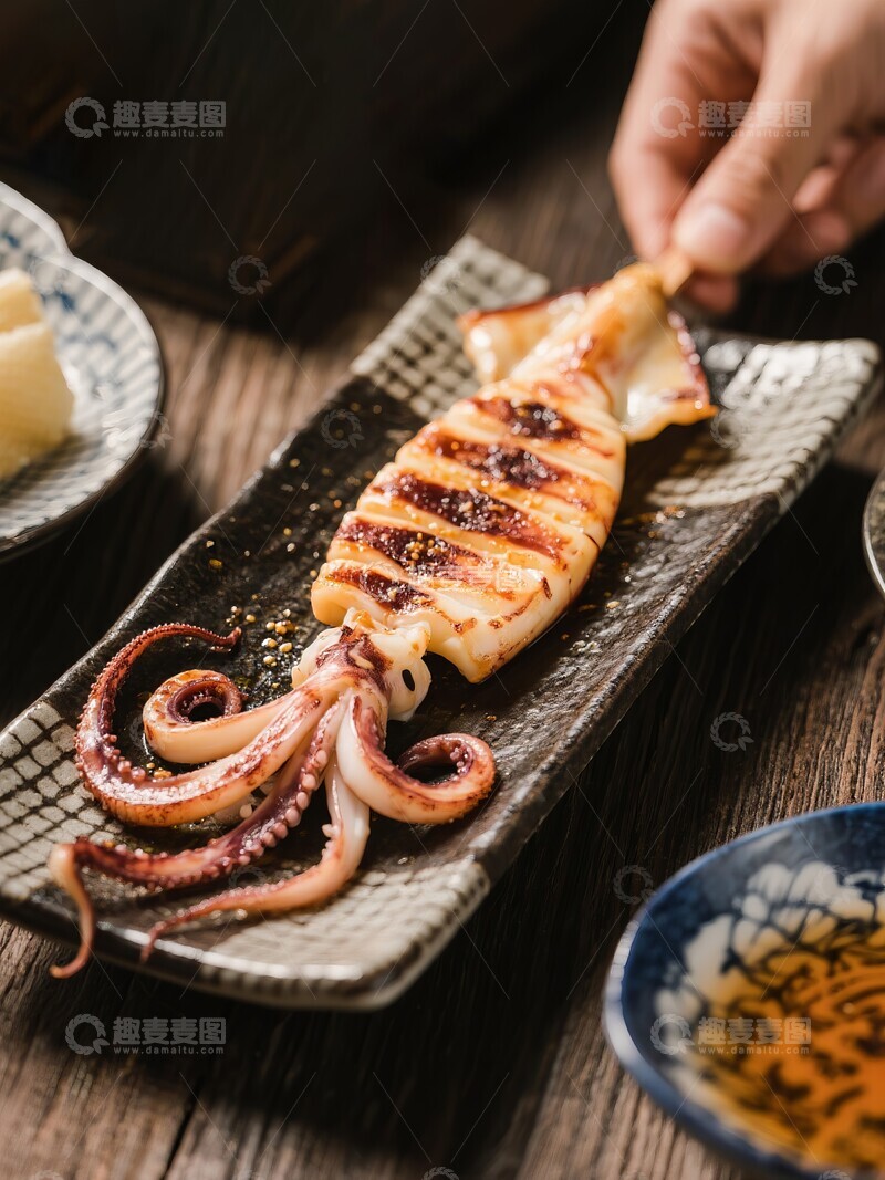 高清大图下载【趣麦麦图】烤鱿鱼置于长盘中