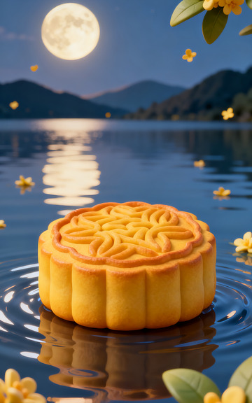 中秋月夜桂花水上月饼摄影