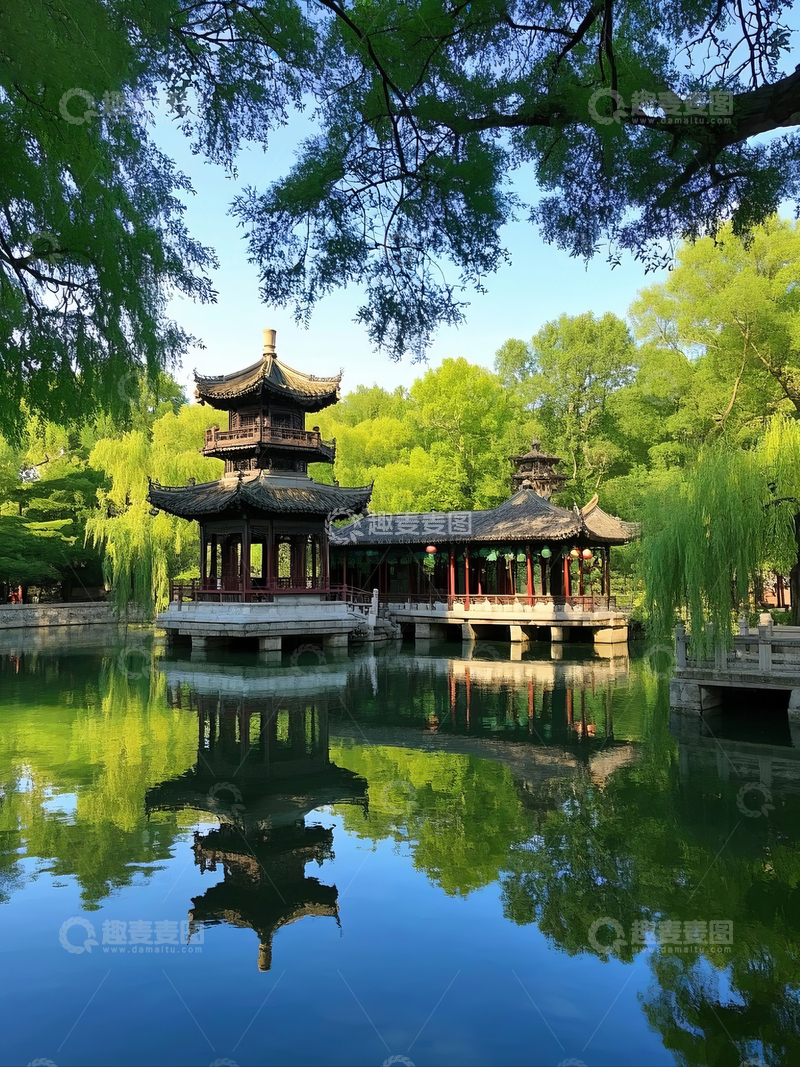 高清大图下载【趣麦麦图】古典园林湖畔亭台倒影