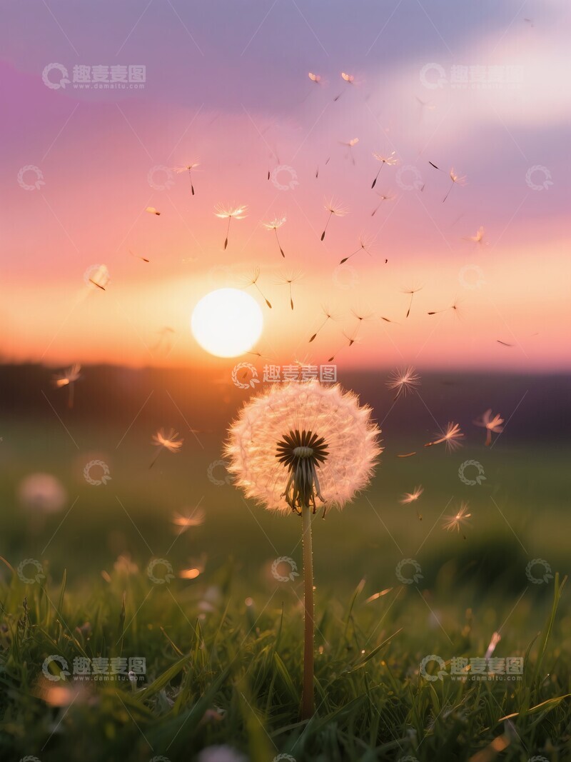 高清大图下载【趣麦麦图】夕阳黄昏下的蒲公英