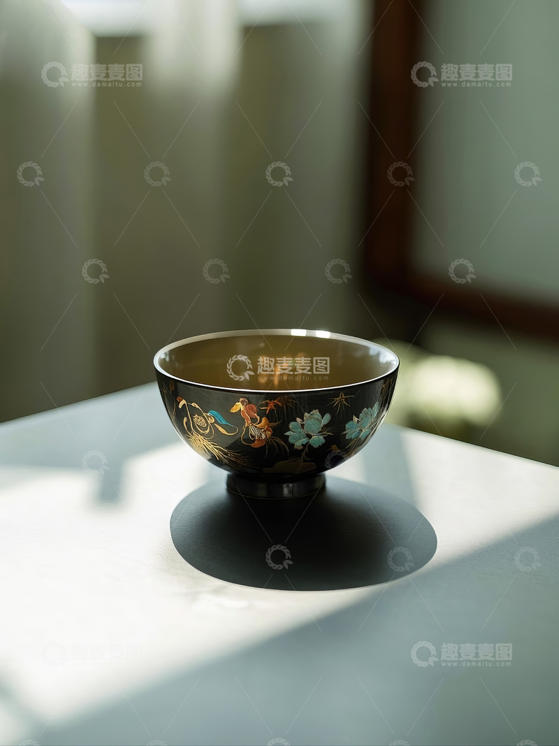 高清大图下载【趣麦麦图】黑底彩绘瓷碗置于阳光下