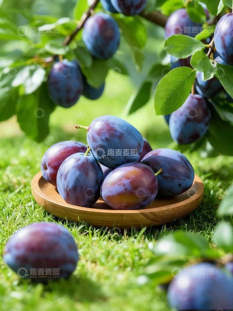 高清大图下载【趣麦麦图】草地上木盘里的新鲜西梅3