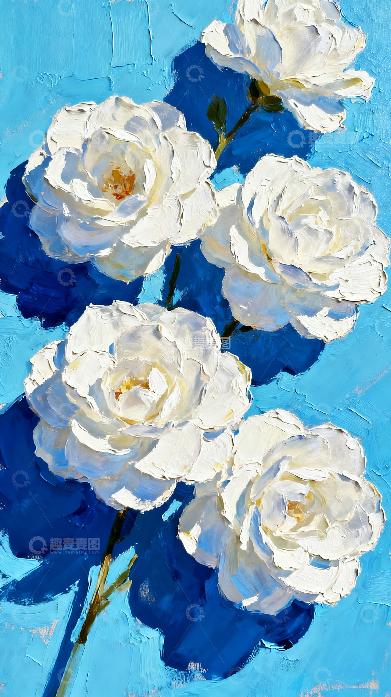 高清大图下载【趣麦麦图】油画刮刀艺术厚涂极简白色山茶花1