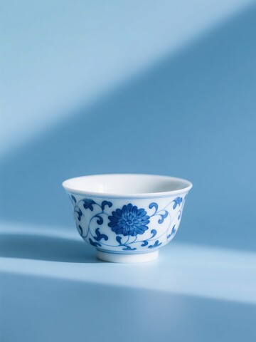 青花茶杯静置木桌