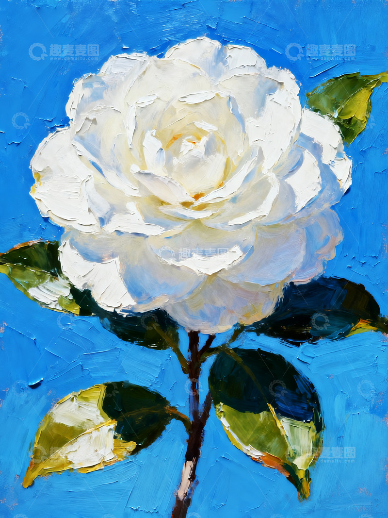 高清大图下载【趣麦麦图】油画刮刀艺术厚涂极简白色山茶花4
