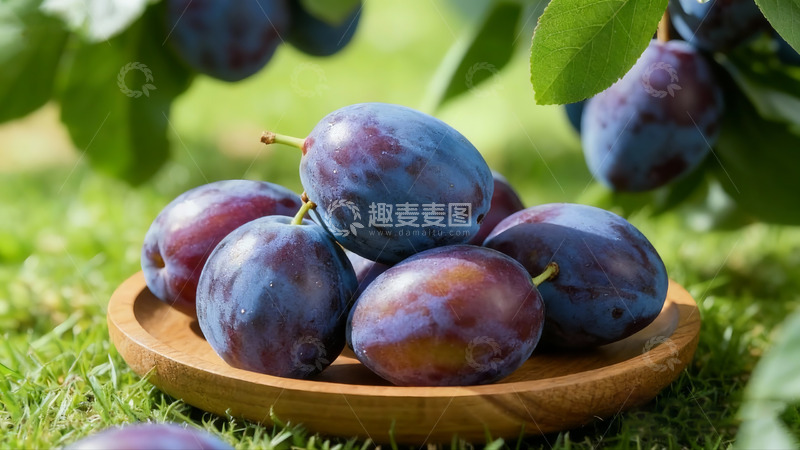 高清大图下载【趣麦麦图】草地上木盘里的新鲜西梅