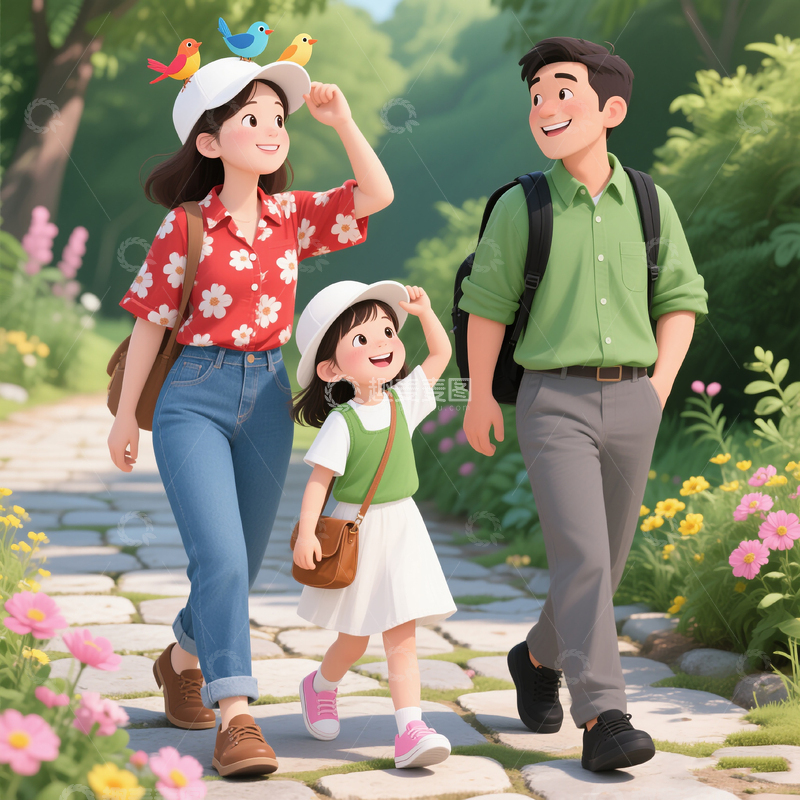 卡通风格亲子家庭出游插画