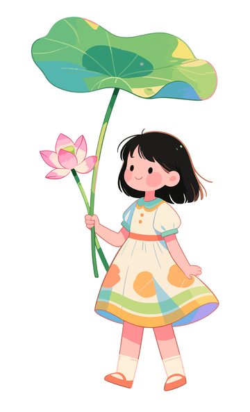 拿着荷叶荷花的女孩