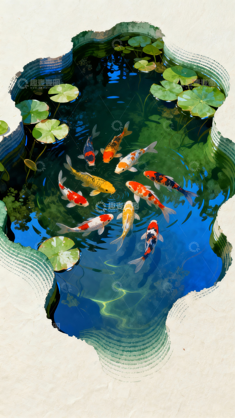 高清大图下载【趣麦麦图】水彩风池塘荷叶锦鲤插画素材