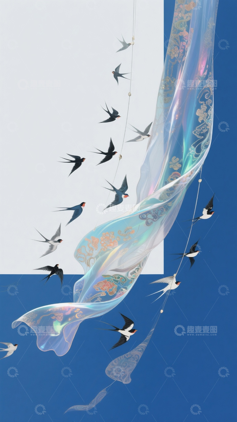 高清大图下载【趣麦麦图】中国风水墨风燕子飘带插画素材