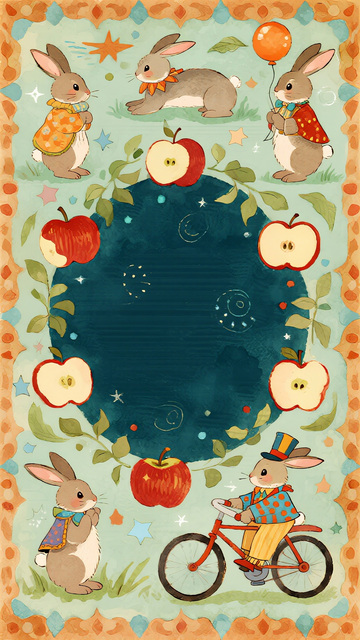 五只兔子穿马戏服装站四方连续图插画