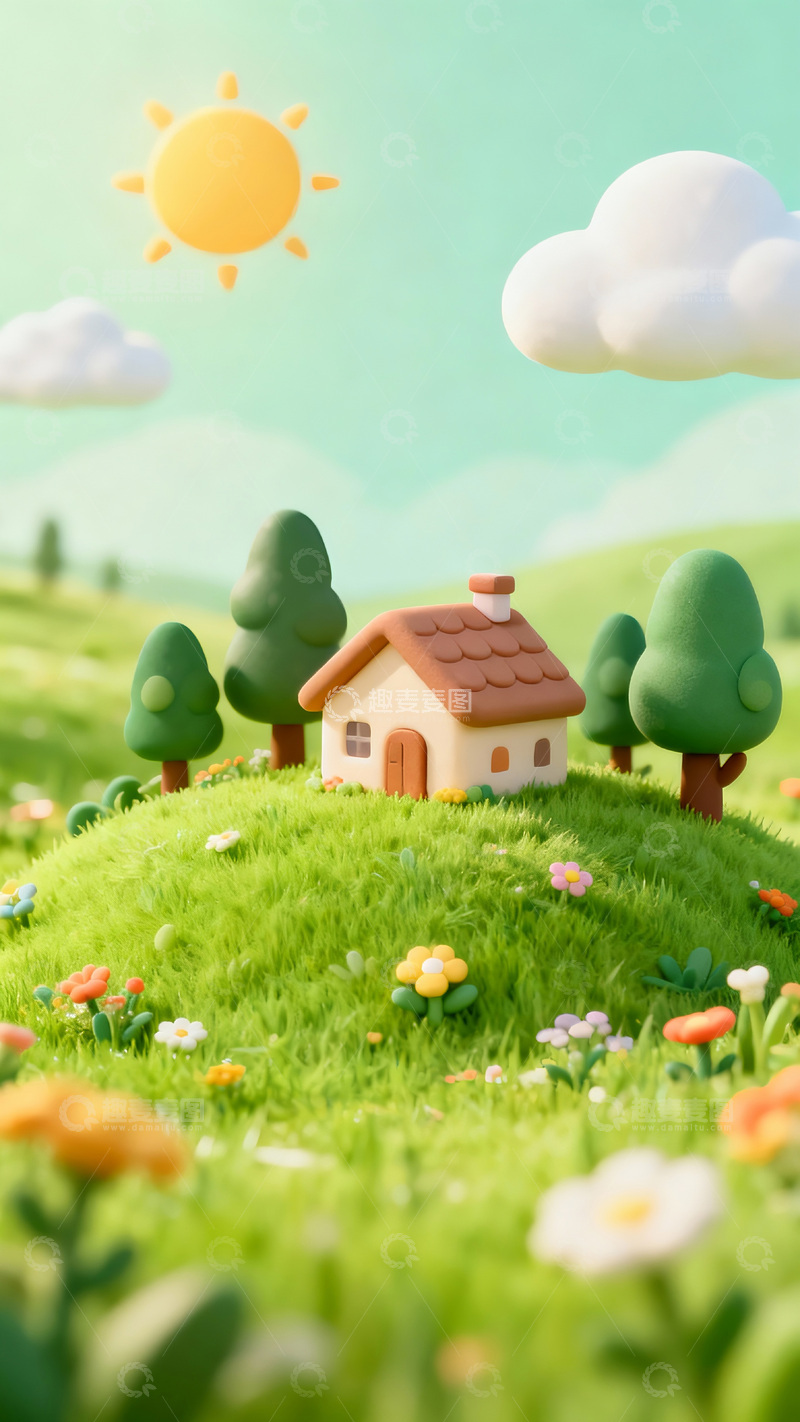 高清大图下载【趣麦麦图】3D渲染田园草地房屋插画素材