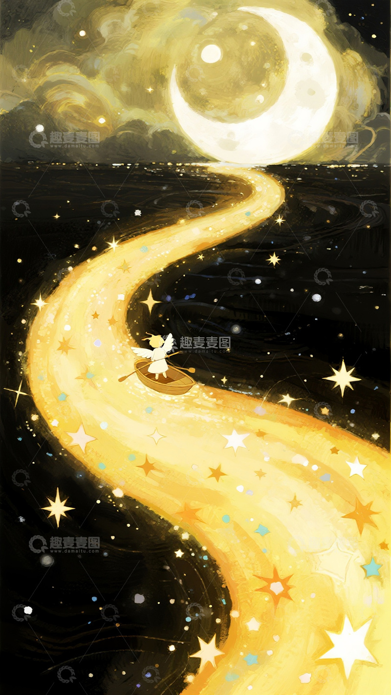 高清大图下载【趣麦麦图】手绘风儿童小女孩小男孩星空划船插画素材