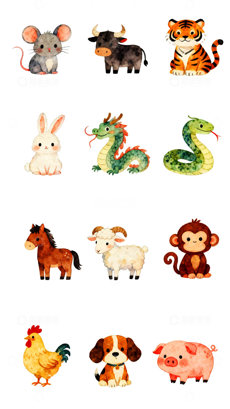 高清大图下载【趣麦麦图】水彩风十二生肖动物插画素材