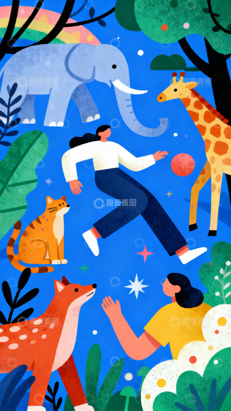高清大图下载【趣麦麦图】卡通风女孩森林动物互动插画素材