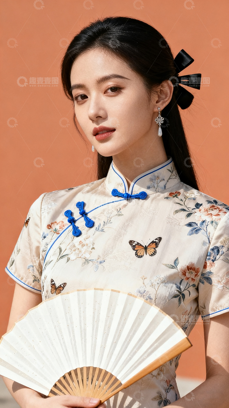 高清大图下载【趣麦麦图】东方女性旗袍手持折扇浅色系花纹旗袍的女子