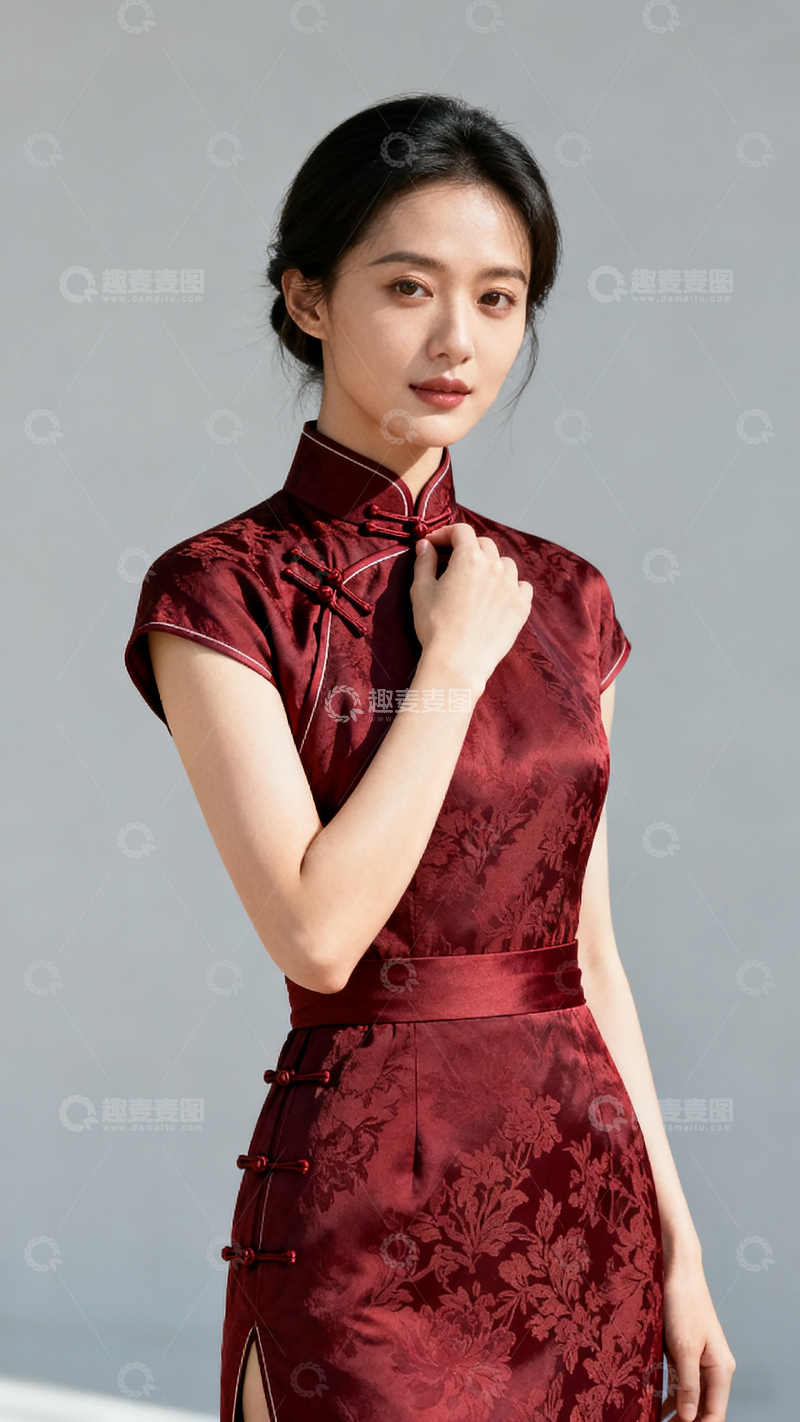 高清大图下载【趣麦麦图】东方女性旗袍人像女子穿带有花纹酒红色旗袍