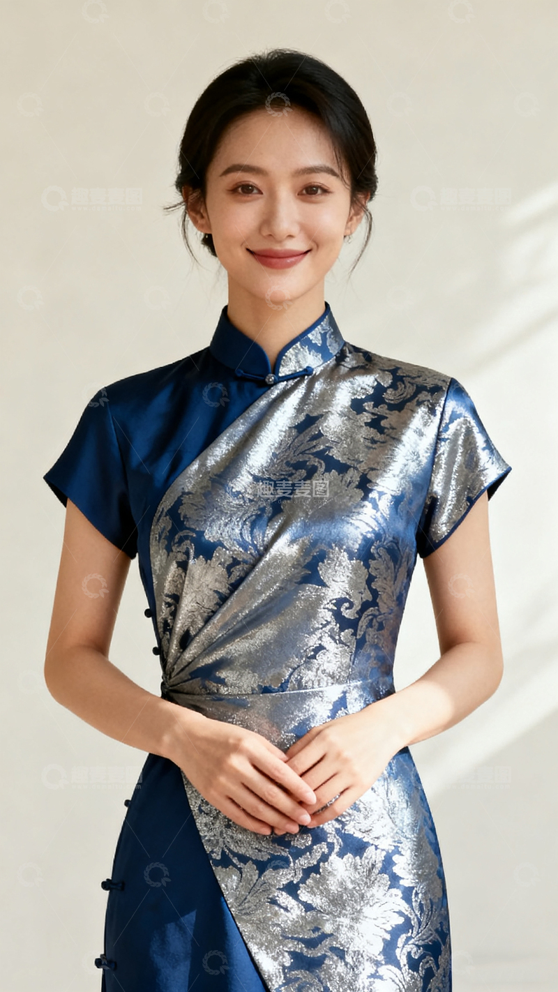 高清大图下载【趣麦麦图】古风中式东方女性写真蓝银花纹旗袍女人物