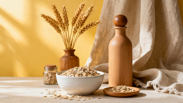燕麦片碗和小木盘装燕麦片木瓶麦穗花瓶