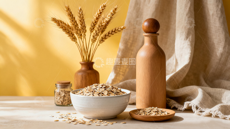 高清大图下载【趣麦麦图】燕麦片碗和小木盘装燕麦片木瓶麦穗花瓶