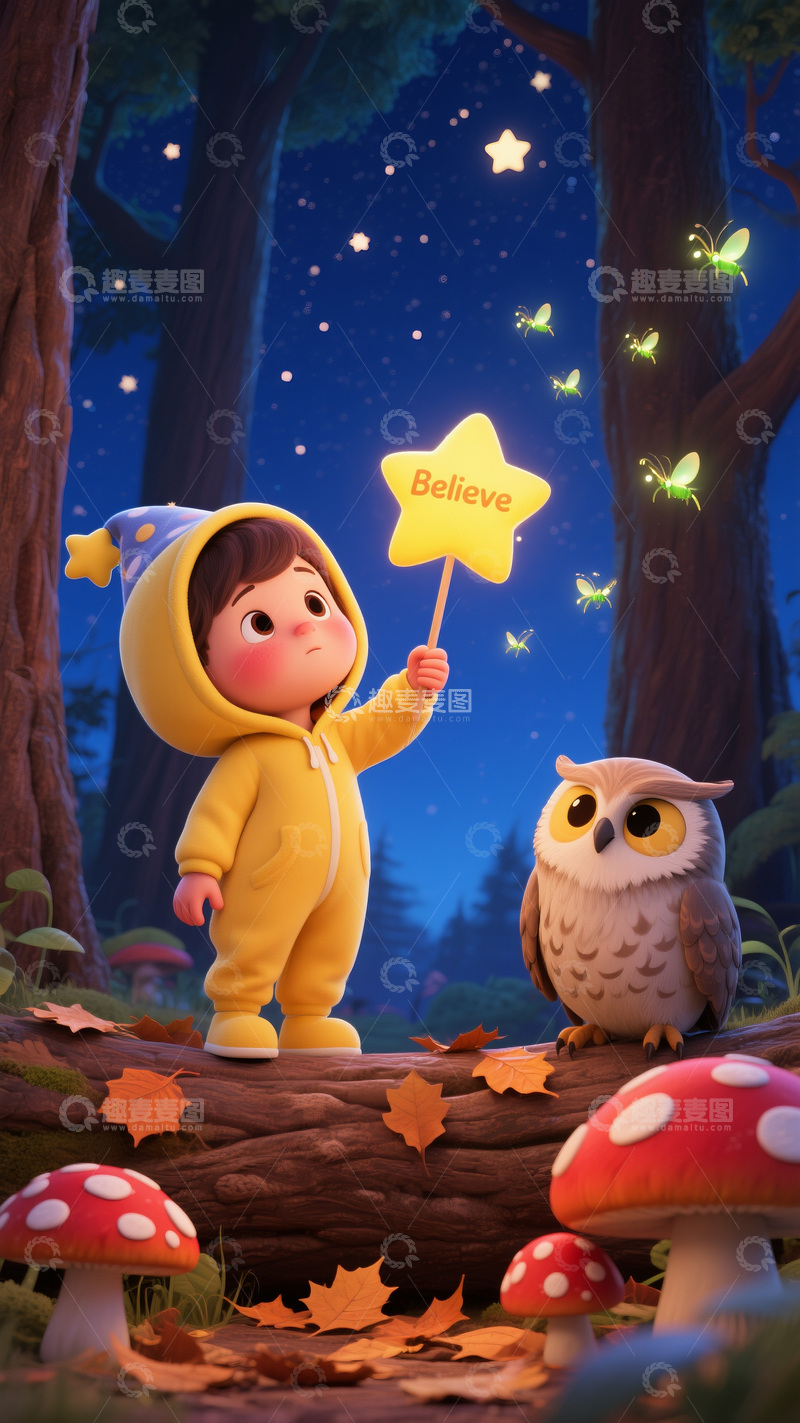高清大图下载【趣麦麦图】森林夜境：持星棒的孩童与猫头鹰