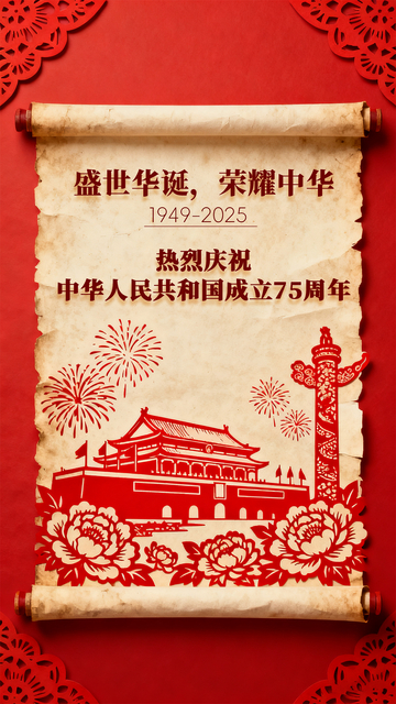 红色立体剪纸边框卷轴简约国庆海报