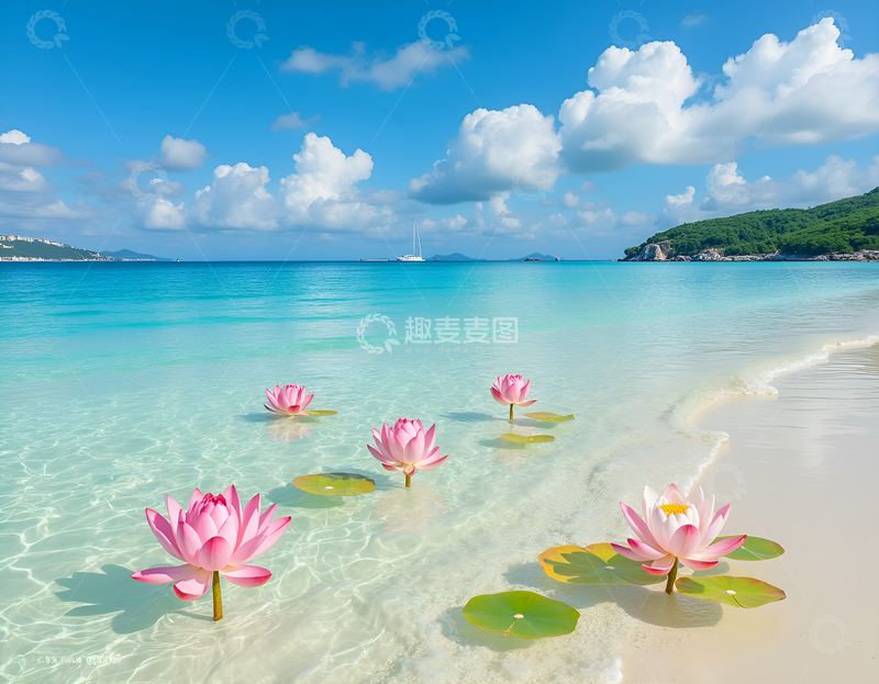 高清大图下载【趣麦麦图】-蓝天白云大海莲花