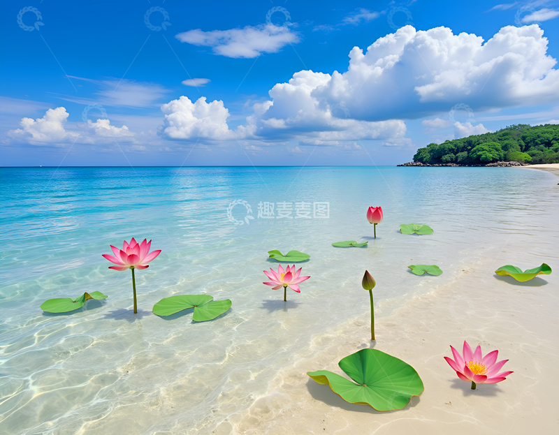 高清大图下载【趣麦麦图】-蓝天白云大海莲花