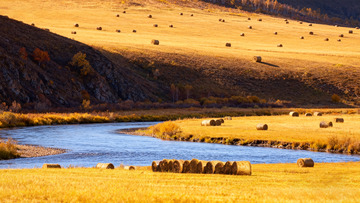 河畔边的秋日干草垛美景