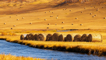 河畔边的秋日干草垛美景2