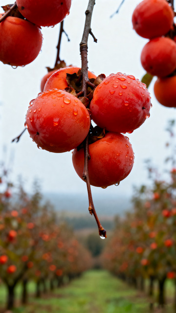 枝头带露珠的红柿子